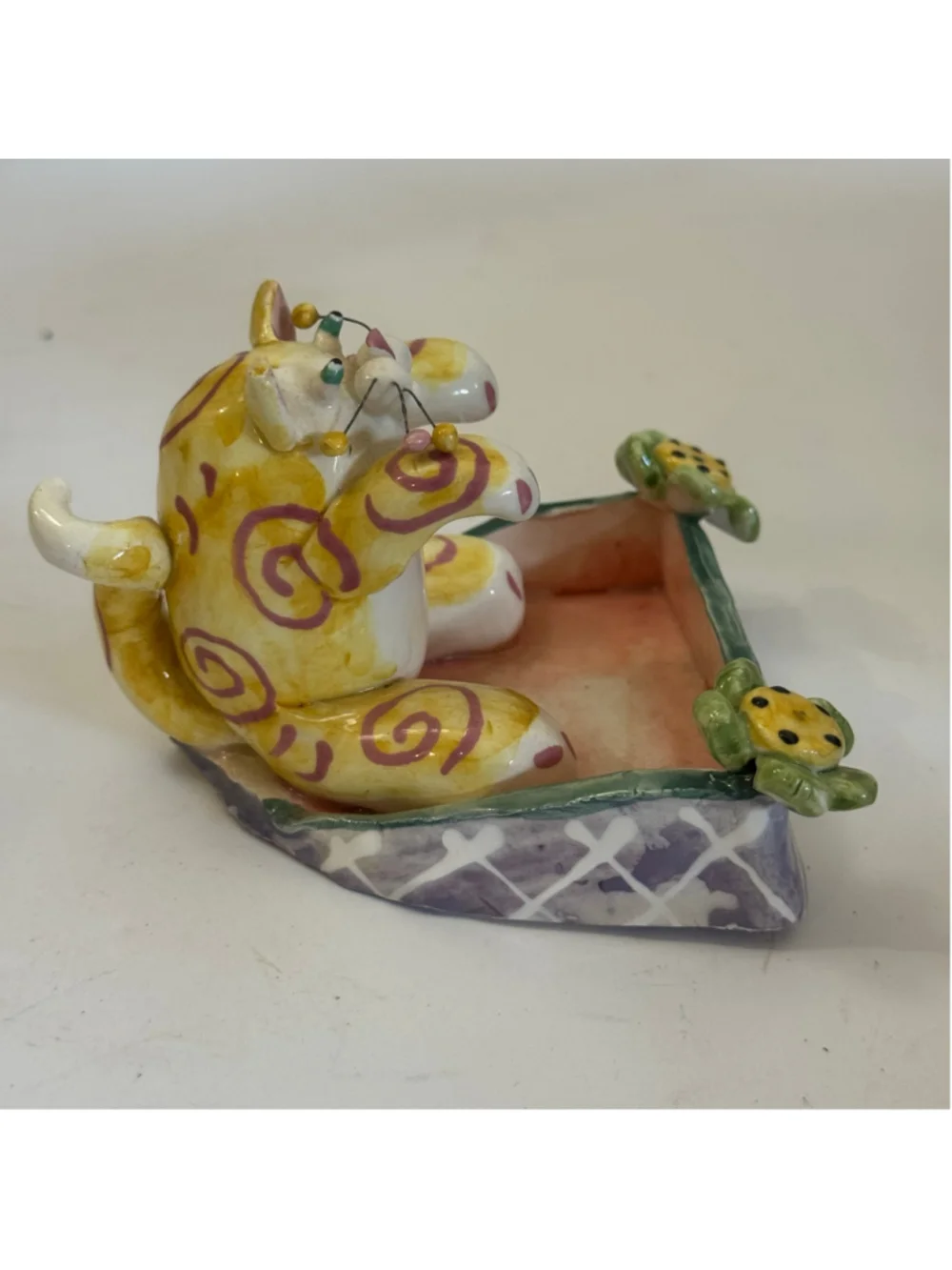 Vintage 1998 Lacombe Ceramic Cat Trinket Dish Whimsical Folk Art Decor